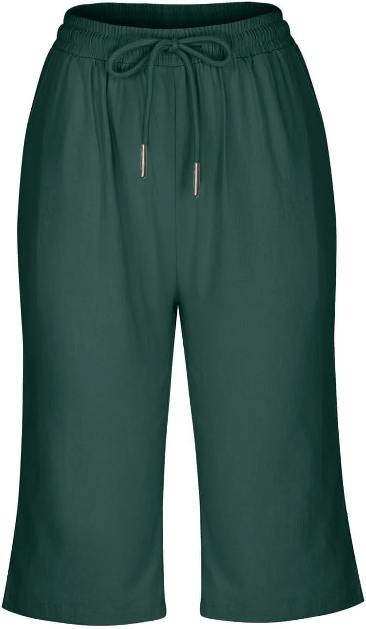 Women Linen Capri Pants Summer Drawstring Elastic Waisted Drawstring Shorts Ladies Casual Beach Pant with Pockets
