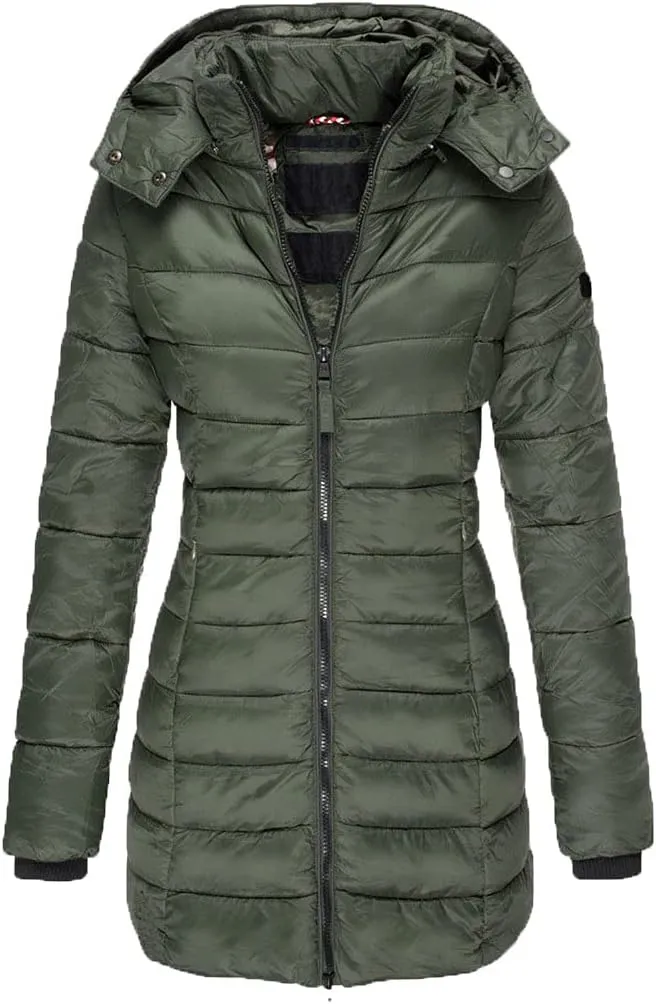 Women Long Section Parkas Winter Hooded Warm Coat Solid Color Casual Slim Fit Cotton Padded Puffer Jacket