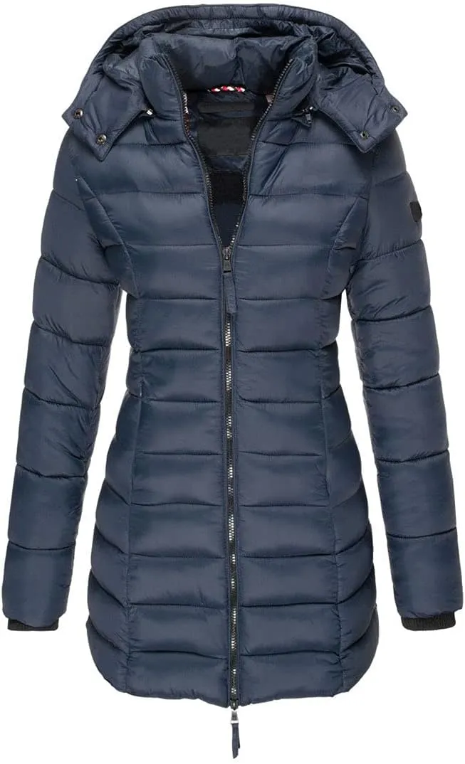 Women Long Section Parkas Winter Hooded Warm Coat Solid Color Casual Slim Fit Cotton Padded Puffer Jacket