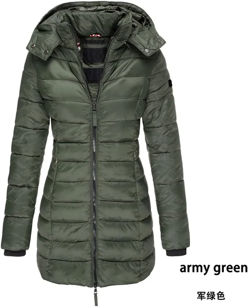 Women Long Section Parkas Winter Hooded Warm Coat Solid Color Casual Slim Fit Cotton Padded Puffer Jacket
