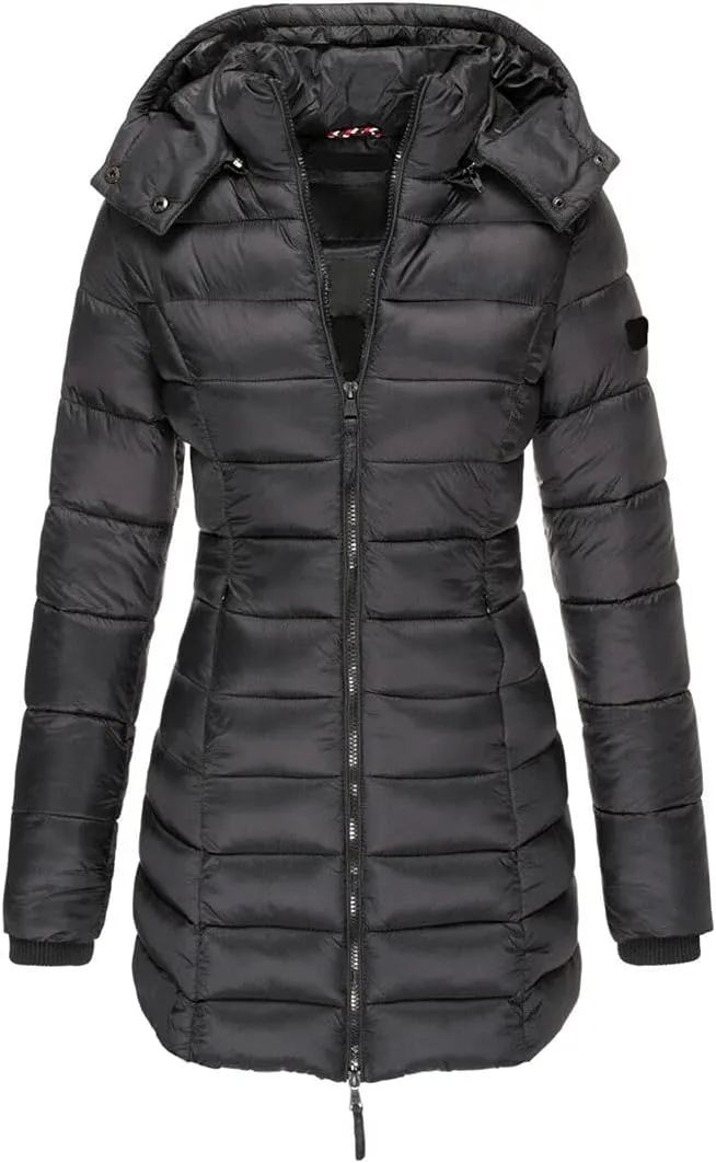 Women Long Section Parkas Winter Hooded Warm Coat Solid Color Casual Slim Fit Cotton Padded Puffer Jacket