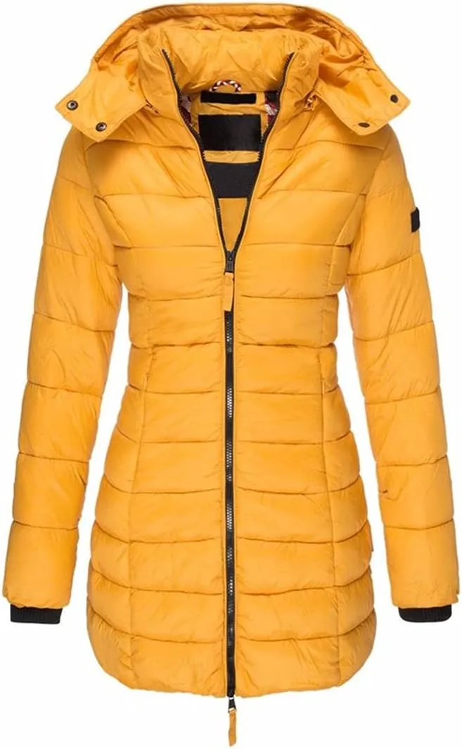 Women Long Section Parkas Winter Hooded Warm Coat Solid Color Casual Slim Fit Cotton Padded Puffer Jacket