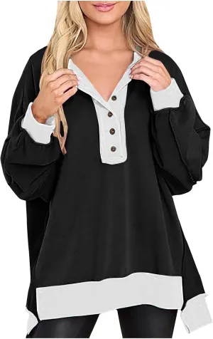 Women Oversized Sweatshirt Tops Colors Block Cute Sweater Comfort Button Ncek Pullover 2024 Fall Fashion Clothing