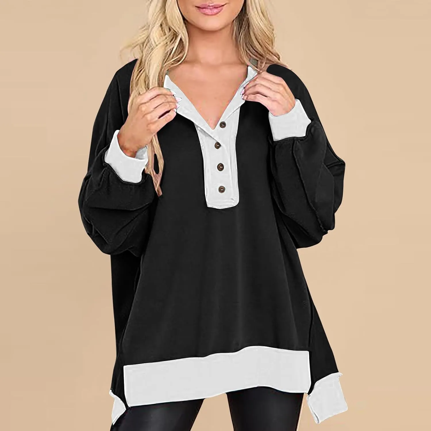 Women Oversized Sweatshirt Tops Colors Block Cute Sweater Comfort Button Ncek Pullover 2024 Fall Fashion Clothing