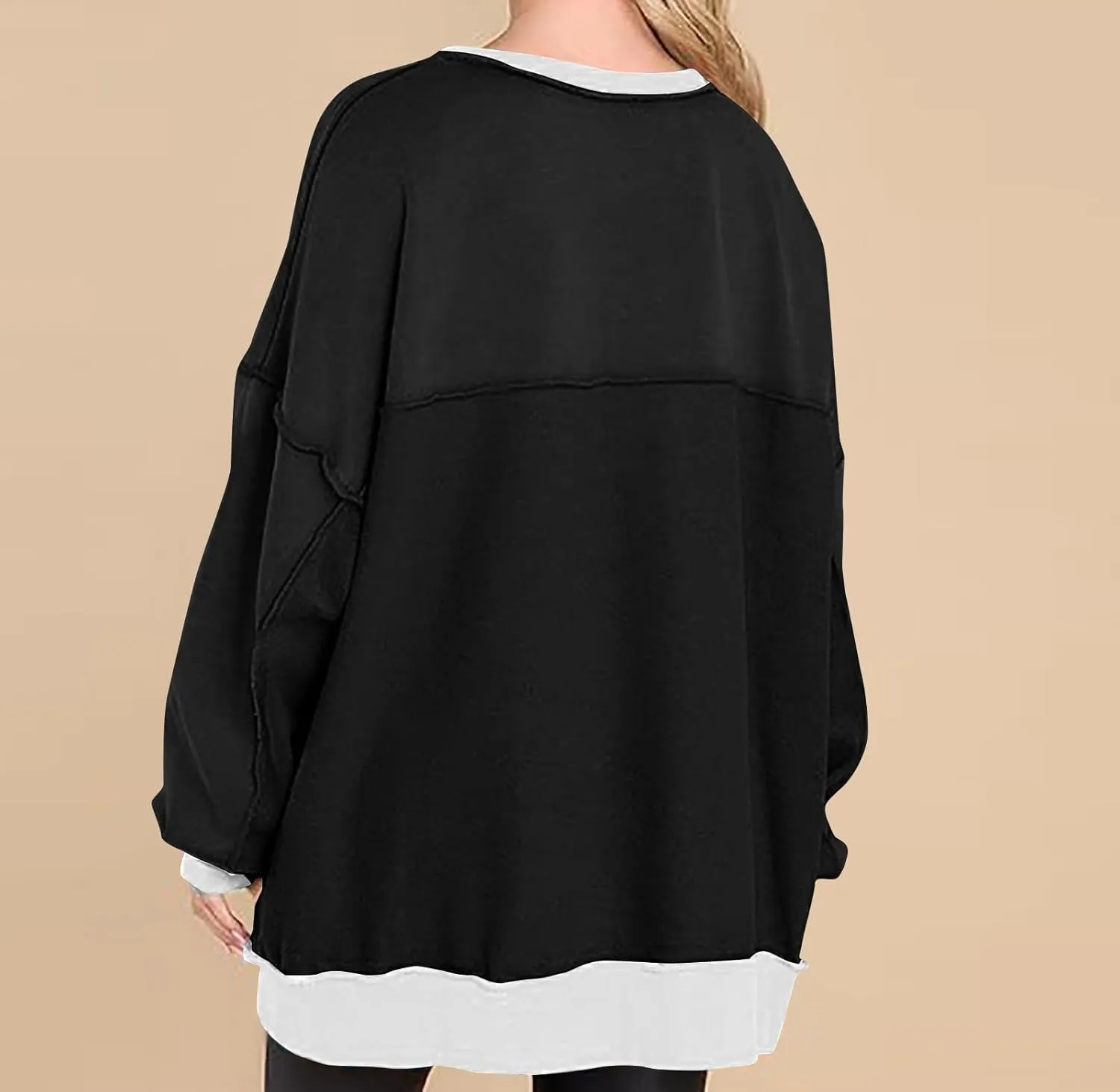 Women Oversized Sweatshirt Tops Colors Block Cute Sweater Comfort Button Ncek Pullover 2024 Fall Fashion Clothing