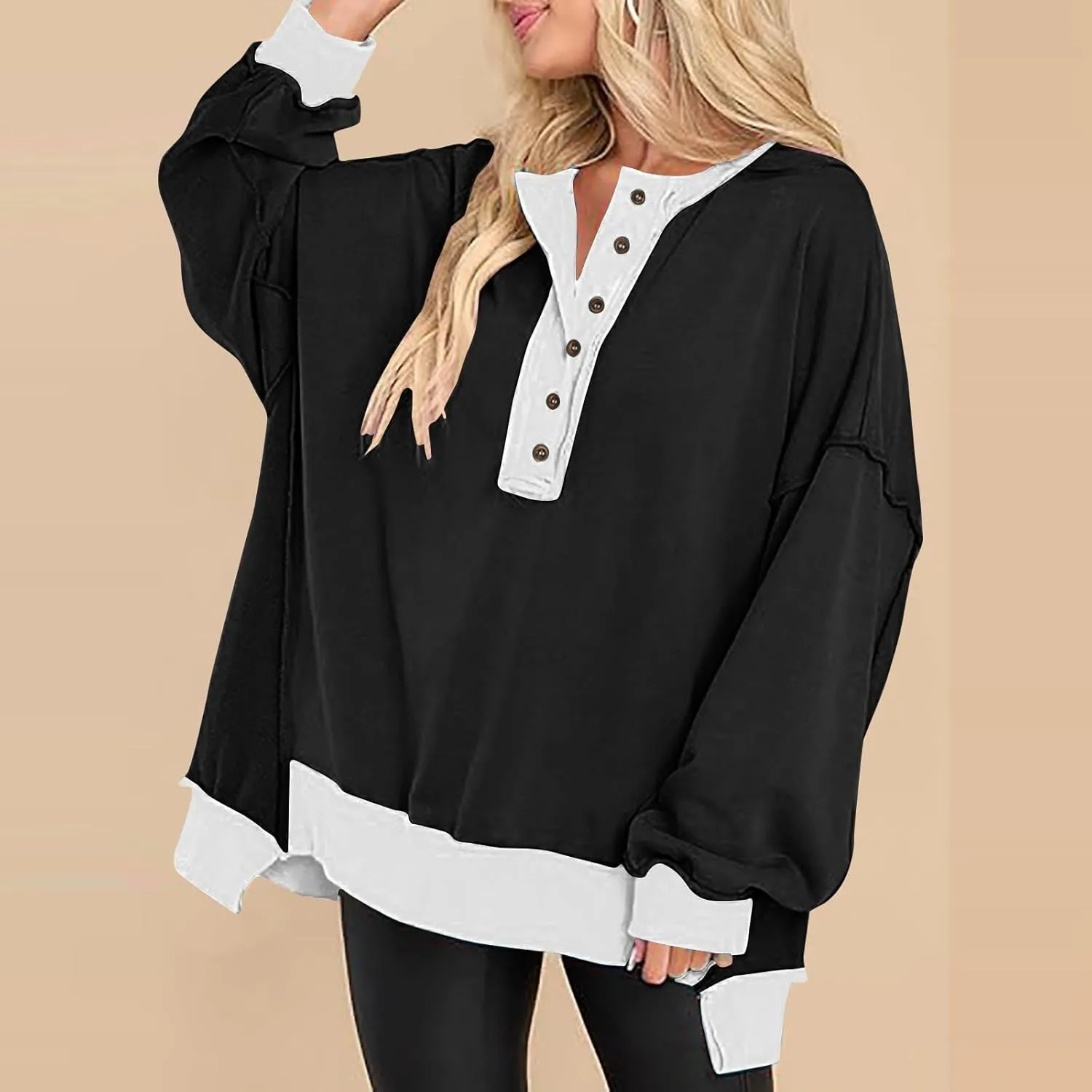 Women Oversized Sweatshirt Tops Colors Block Cute Sweater Comfort Button Ncek Pullover 2024 Fall Fashion Clothing