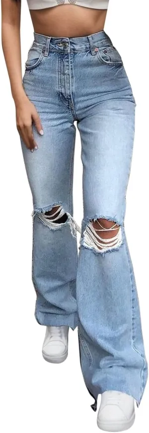 Women Pants Hole Denim Button Elastic Pocket Waist Jeans Trousers High Loose Women's Jeans Womens Designer Pants