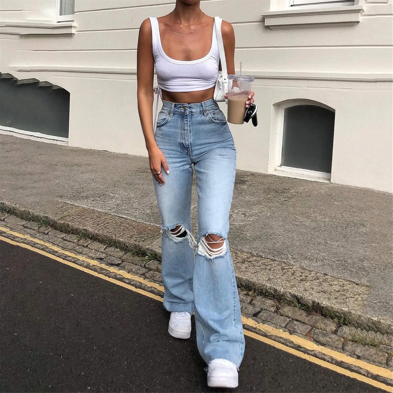 Women Pants Hole Denim Button Elastic Pocket Waist Jeans Trousers High Loose Women's Jeans Womens Designer Pants