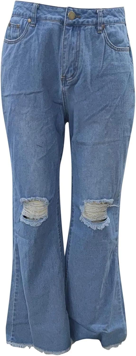 Women Pants Hole Denim Button Elastic Pocket Waist Jeans Trousers High Loose Women's Jeans Womens Designer Pants