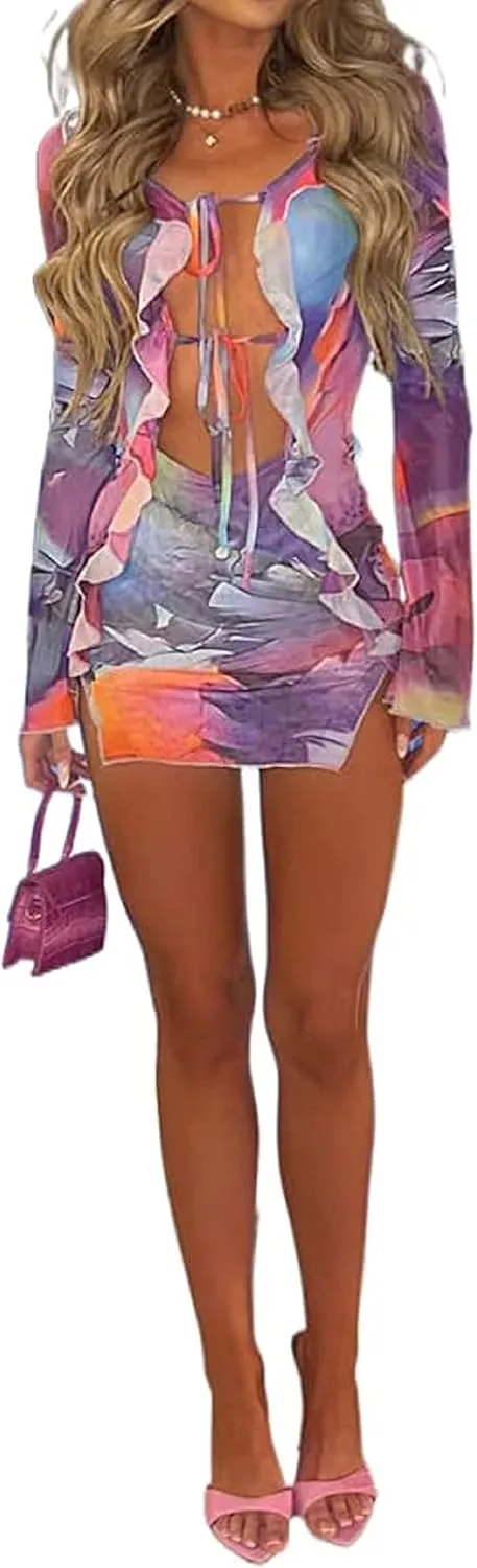Women Ruffle Cutout Bodycon Mini Dress Mesh Sheer Tie Up Low Cut Floral Short Dress Night Out Party Beach Y2k Dress