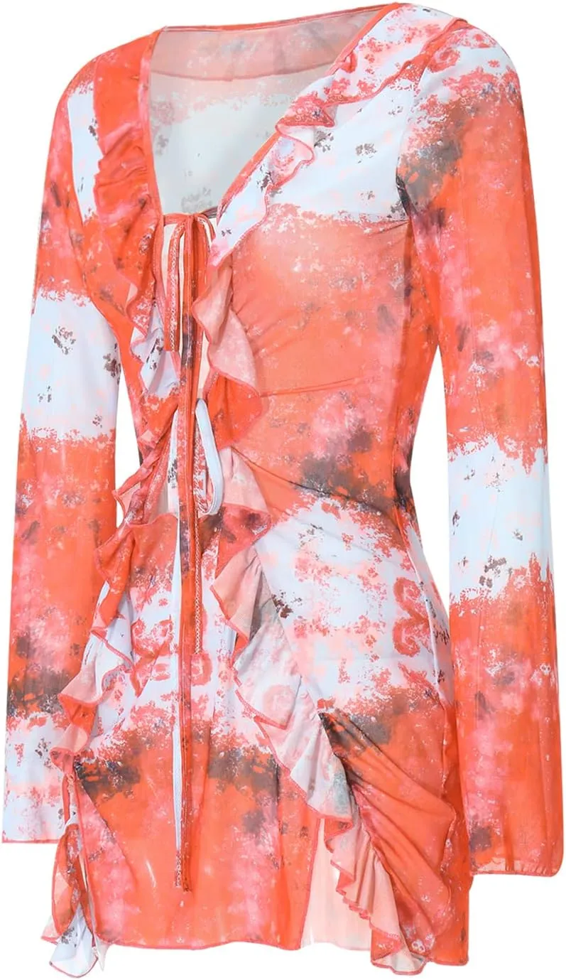 Women Ruffle Cutout Bodycon Mini Dress Mesh Sheer Tie Up Low Cut Floral Short Dress Night Out Party Beach Y2k Dress