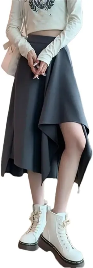 Women Slim Irregular Solid Color Pleated Skirt Classic High Waisted Summer Sagging Sensation Midi Skirt