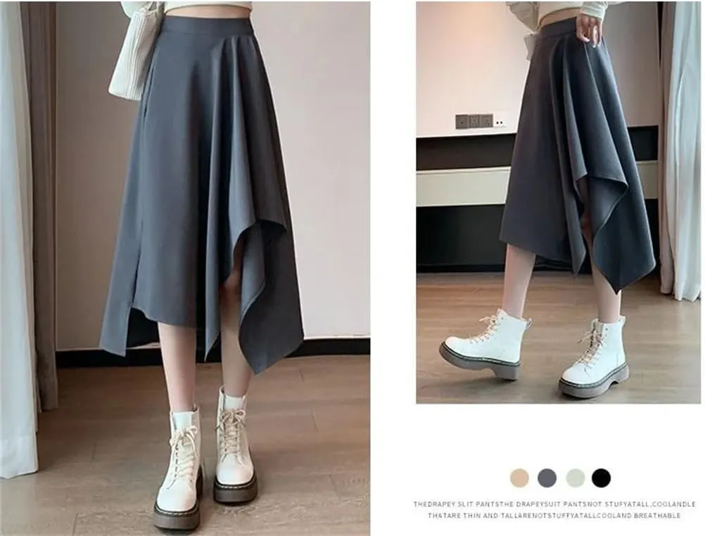 Women Slim Irregular Solid Color Pleated Skirt Classic High Waisted Summer Sagging Sensation Midi Skirt