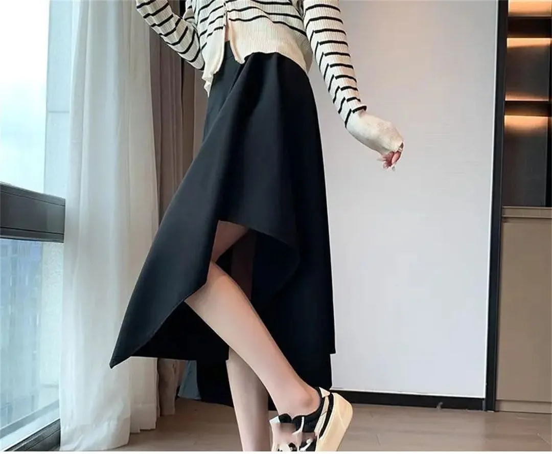 Women Slim Irregular Solid Color Pleated Skirt Classic High Waisted Summer Sagging Sensation Midi Skirt