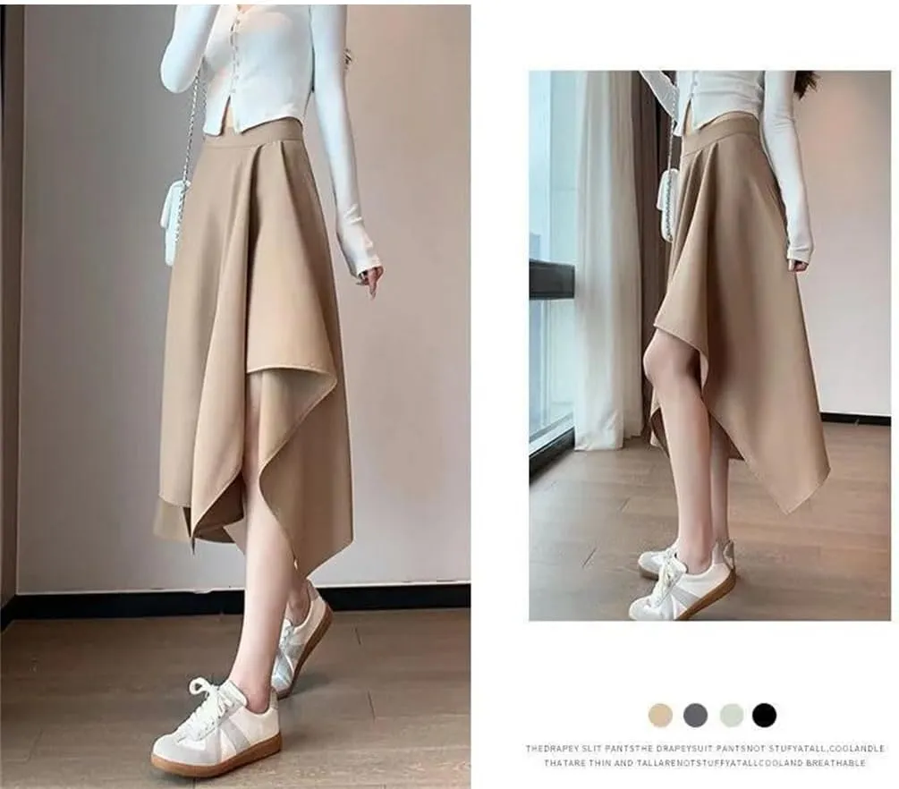 Women Slim Irregular Solid Color Pleated Skirt Classic High Waisted Summer Sagging Sensation Midi Skirt