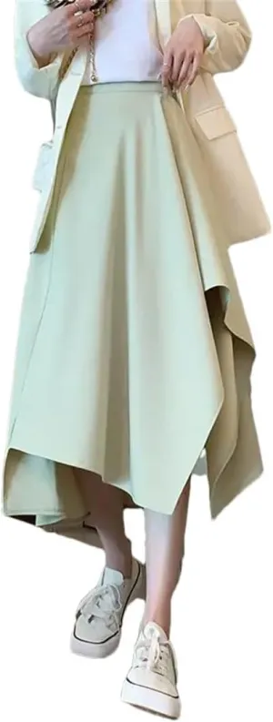 Women Slim Irregular Solid Color Pleated Skirt Classic High Waisted Summer Sagging Sensation Midi Skirt