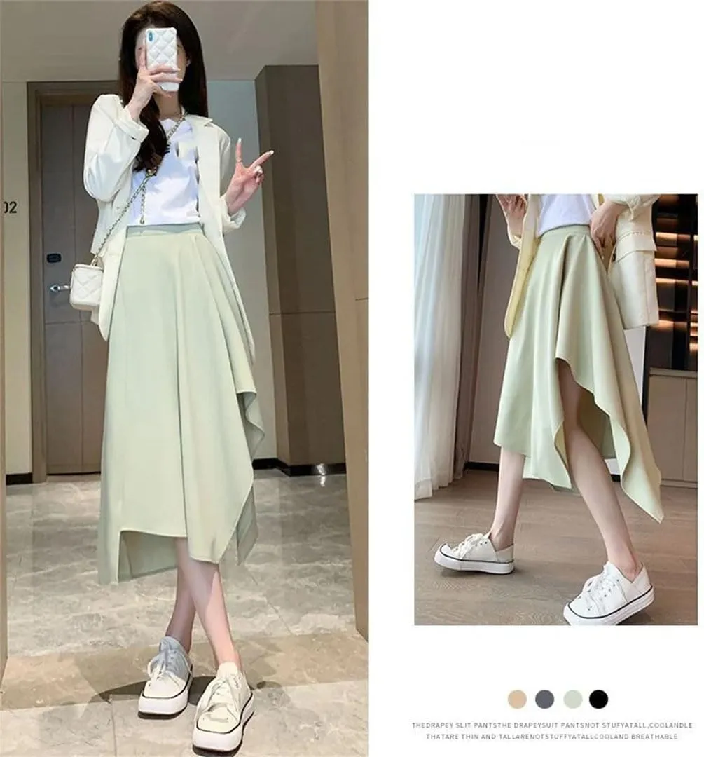 Women Slim Irregular Solid Color Pleated Skirt Classic High Waisted Summer Sagging Sensation Midi Skirt