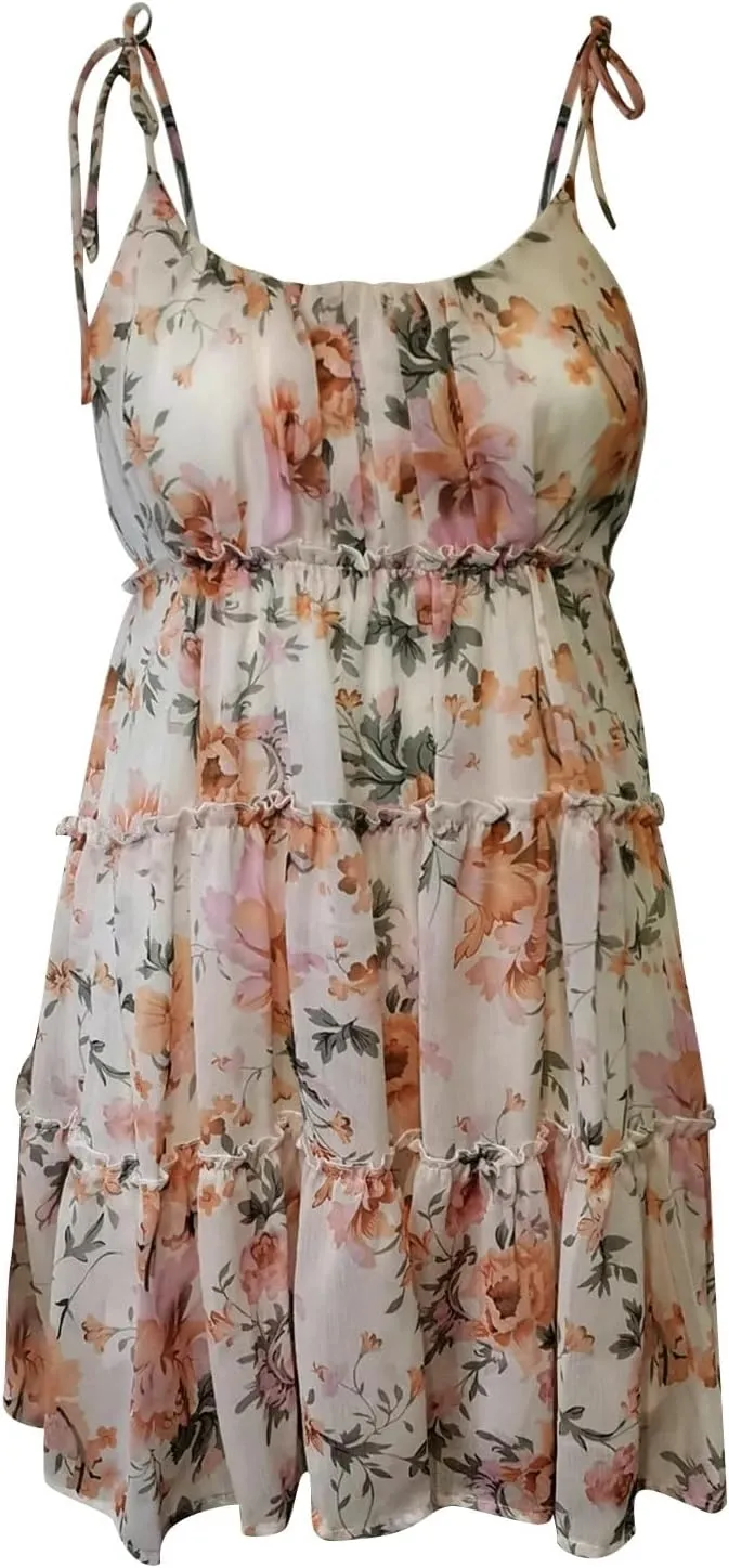Women Spaghetti Strap Floral Mini Dress Cute Boho Flowy Babydoll Dress Sleeveless Ruffle Tiered Skater Dress Sundress