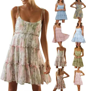 Women Spaghetti Strap Floral Mini Dress Cute Boho Flowy Babydoll Dress Sleeveless Ruffle Tiered Skater Dress Sundress