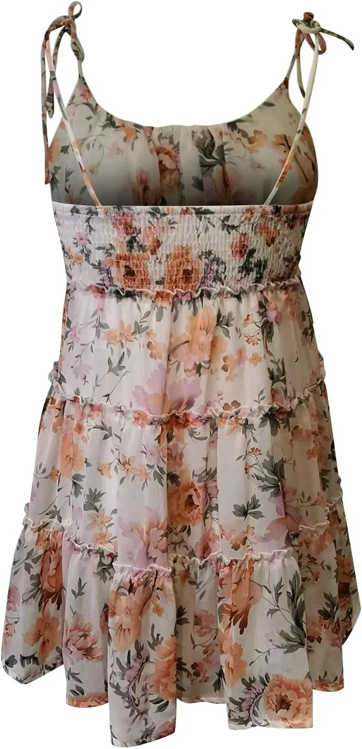 Women Spaghetti Strap Floral Mini Dress Cute Boho Flowy Babydoll Dress Sleeveless Ruffle Tiered Skater Dress Sundress
