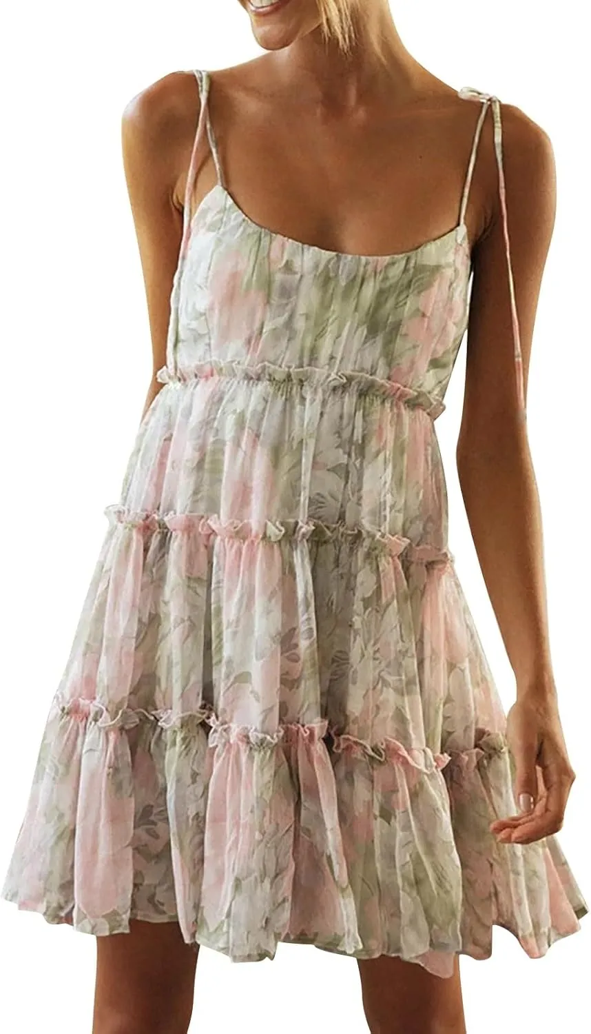 Women Spaghetti Strap Floral Mini Dress Cute Boho Flowy Babydoll Dress Sleeveless Ruffle Tiered Skater Dress Sundress