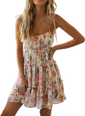 Women Spaghetti Strap Floral Mini Dress Cute Boho Flowy Babydoll Dress Sleeveless Ruffle Tiered Skater Dress Sundress