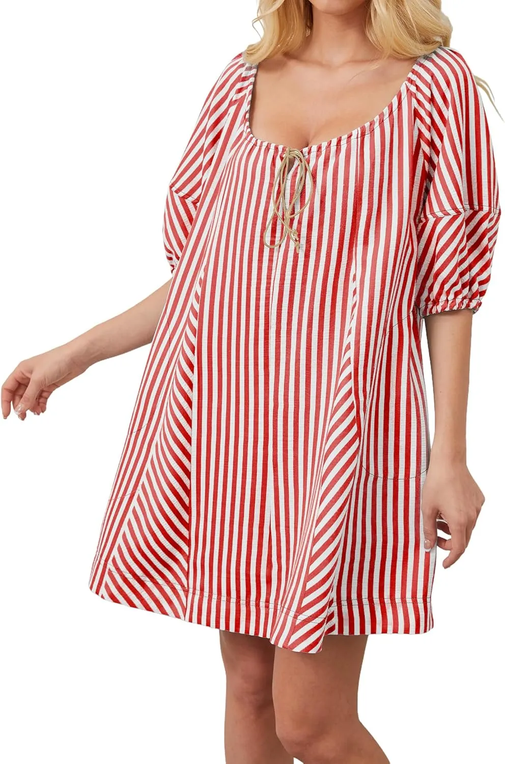 Women Striped Summer Dress with Pockets Casual Loose Puff Sleeve Mini Dress Adjustable V Neck Oversized Sundress