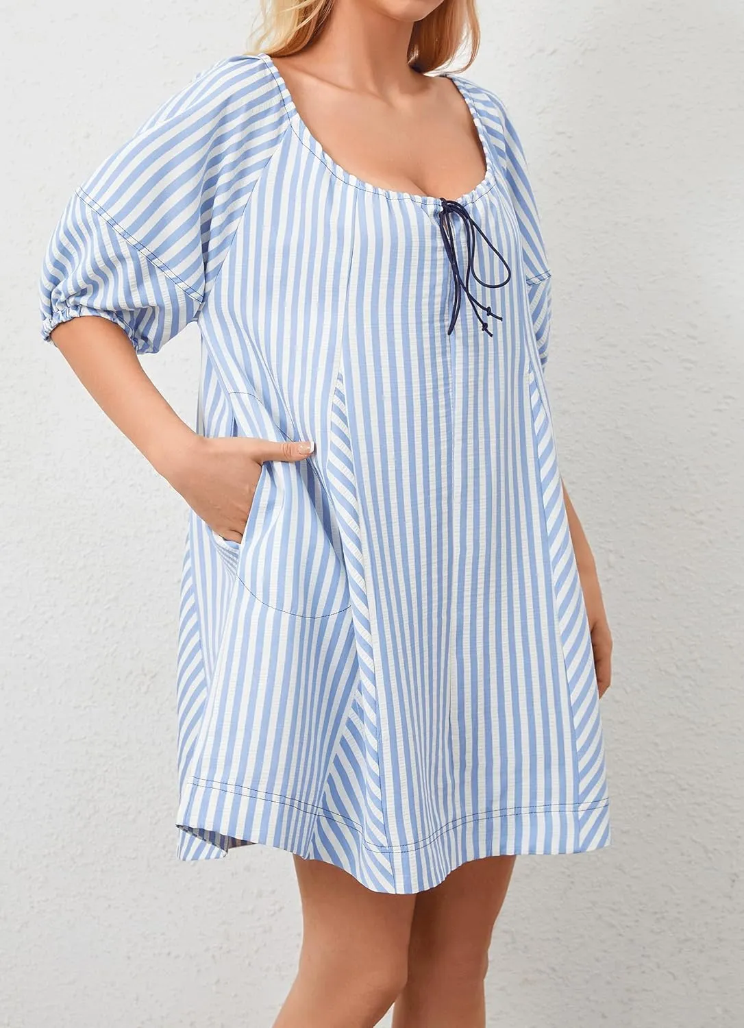 Women Striped Summer Dress with Pockets Casual Loose Puff Sleeve Mini Dress Adjustable V Neck Oversized Sundress