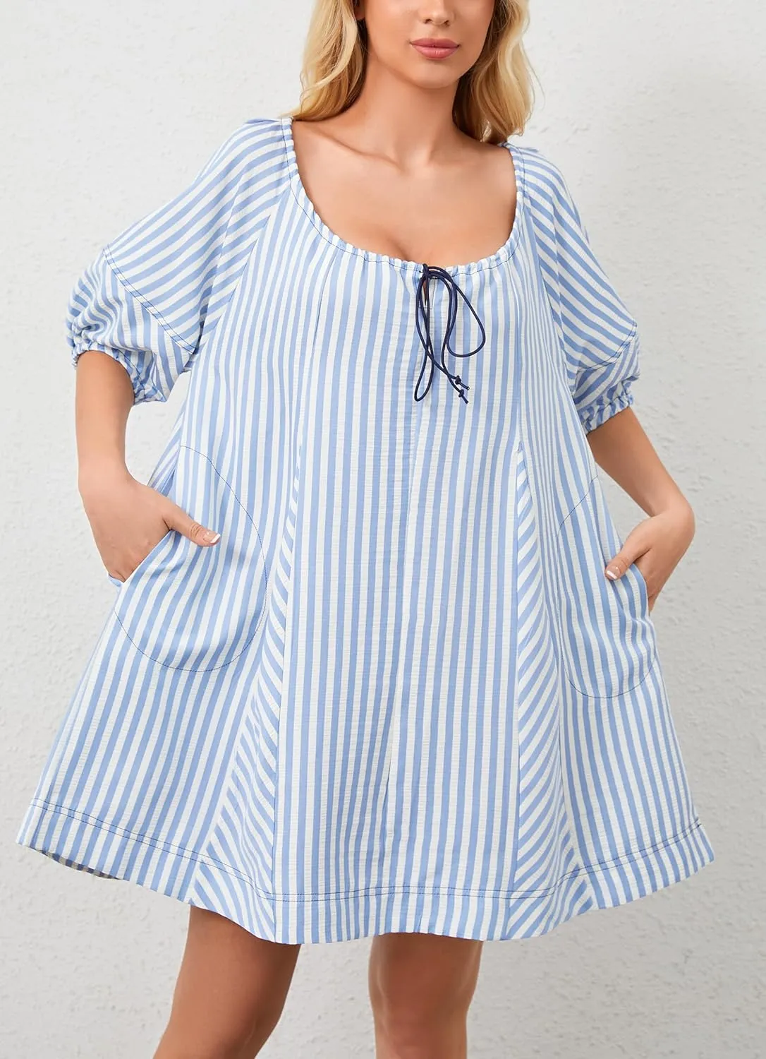 Women Striped Summer Dress with Pockets Casual Loose Puff Sleeve Mini Dress Adjustable V Neck Oversized Sundress