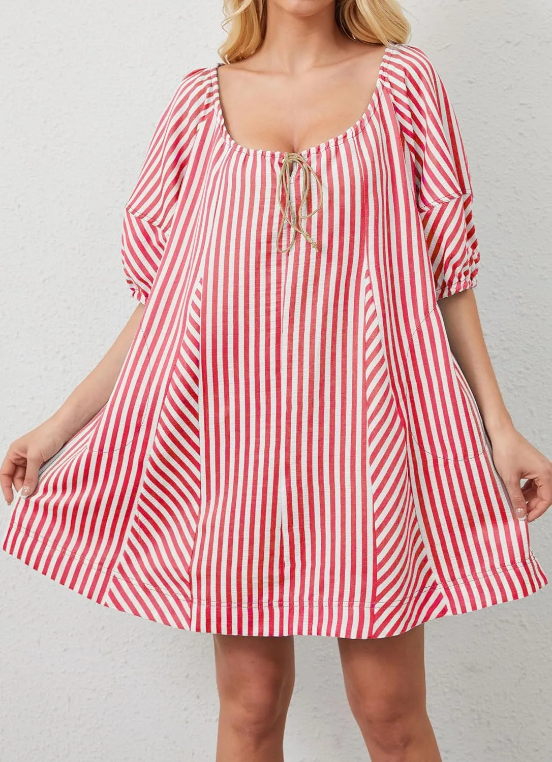 Women Striped Summer Dress with Pockets Casual Loose Puff Sleeve Mini Dress Adjustable V Neck Oversized Sundress