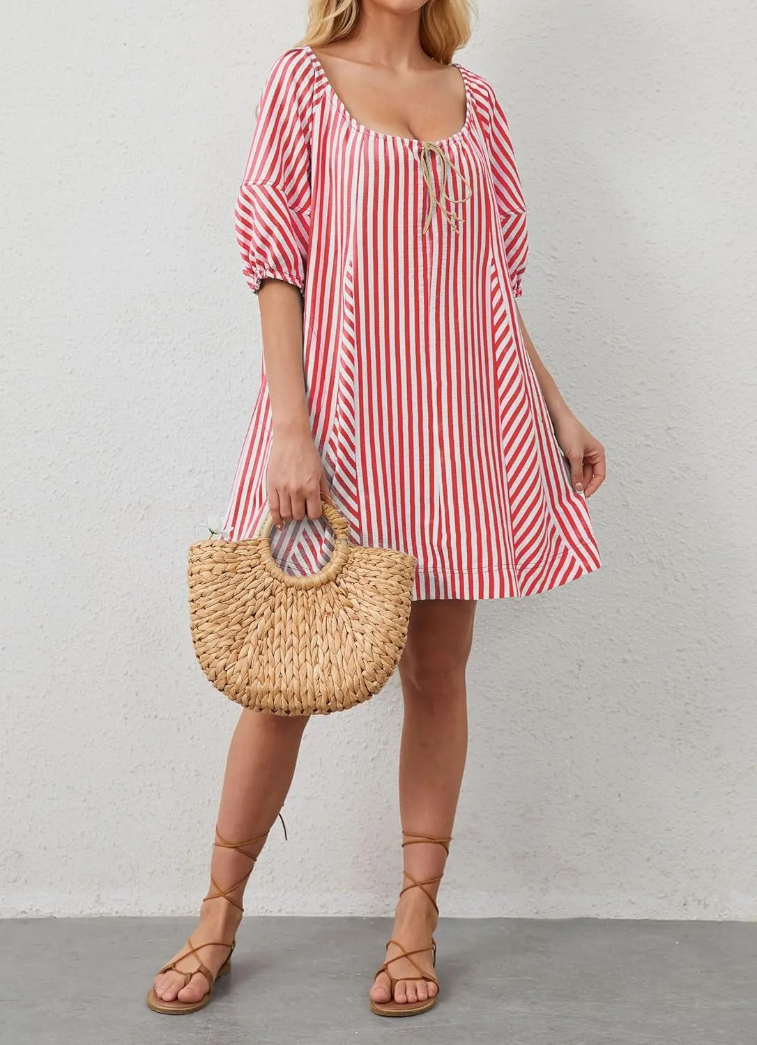 Women Striped Summer Dress with Pockets Casual Loose Puff Sleeve Mini Dress Adjustable V Neck Oversized Sundress