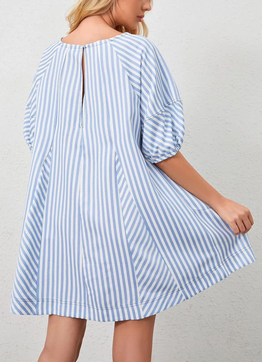 Women Striped Summer Dress with Pockets Casual Loose Puff Sleeve Mini Dress Adjustable V Neck Oversized Sundress