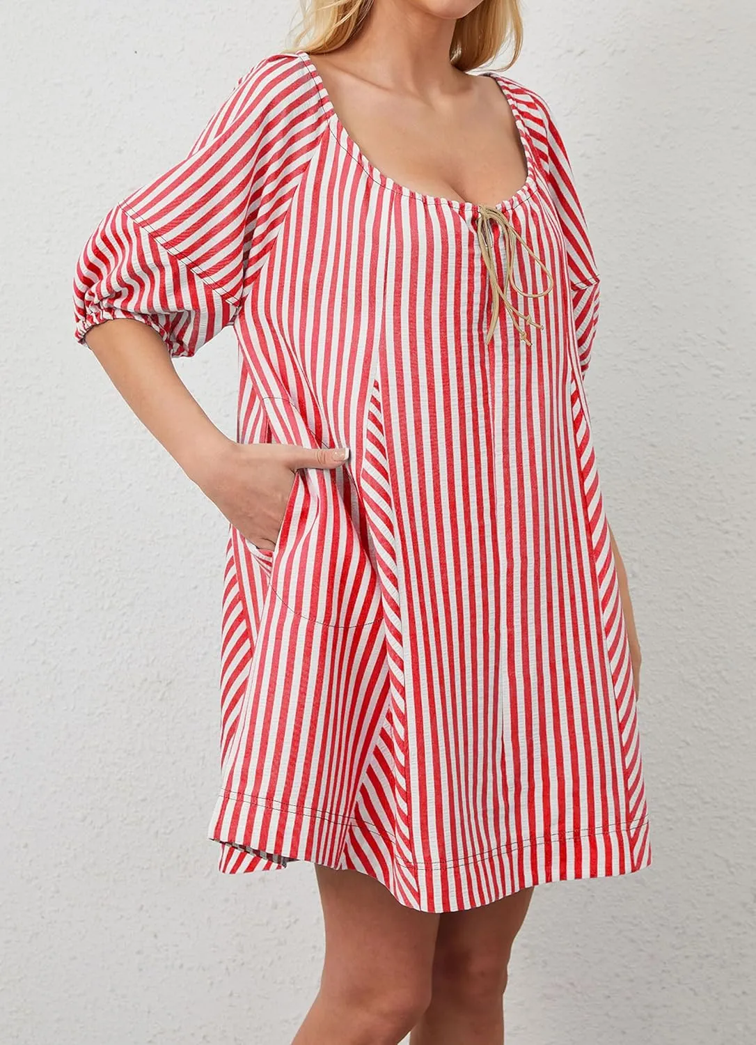Women Striped Summer Dress with Pockets Casual Loose Puff Sleeve Mini Dress Adjustable V Neck Oversized Sundress