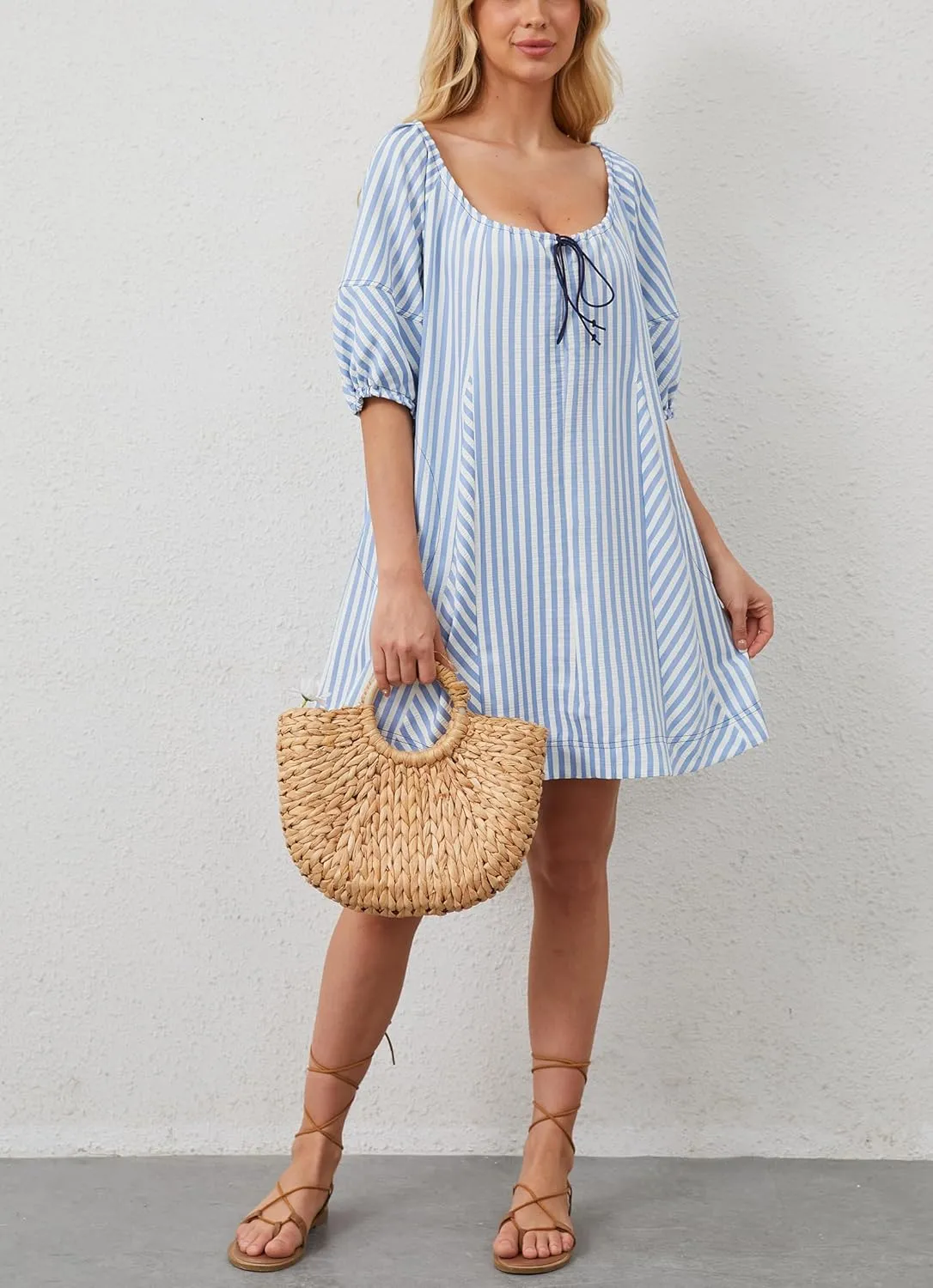 Women Striped Summer Dress with Pockets Casual Loose Puff Sleeve Mini Dress Adjustable V Neck Oversized Sundress