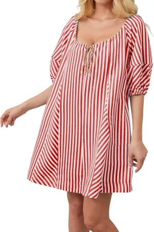 Women Striped Summer Dress with Pockets Casual Loose Puff Sleeve Mini Dress Adjustable V Neck Oversized Sundress