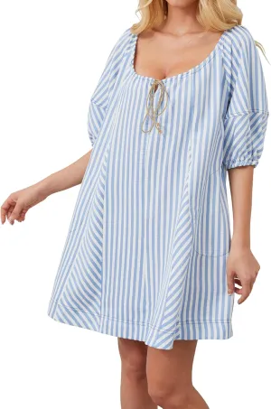 Women Striped Summer Dress with Pockets Casual Loose Short Puff Sleeve Mini Dress Adjustable V Neck Oversized Beach Short Dresses(Blue and White,S)