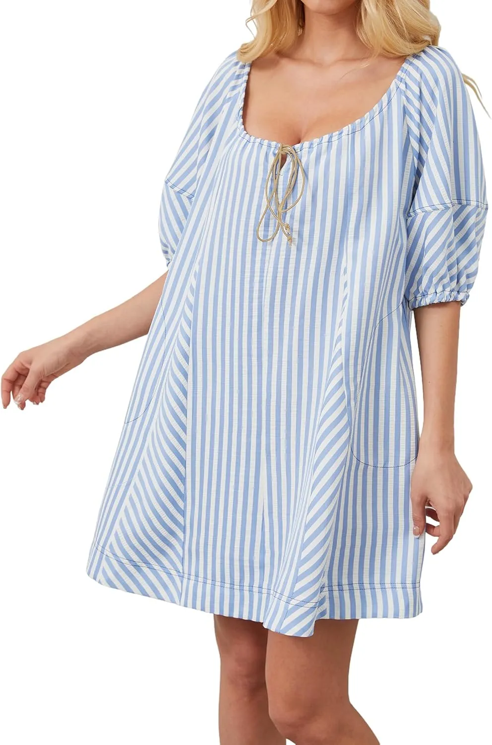 Women Striped Summer Dress with Pockets Casual Loose Short Puff Sleeve Mini Dress Adjustable V Neck Oversized Beach Short Dresses(Blue and White,S)