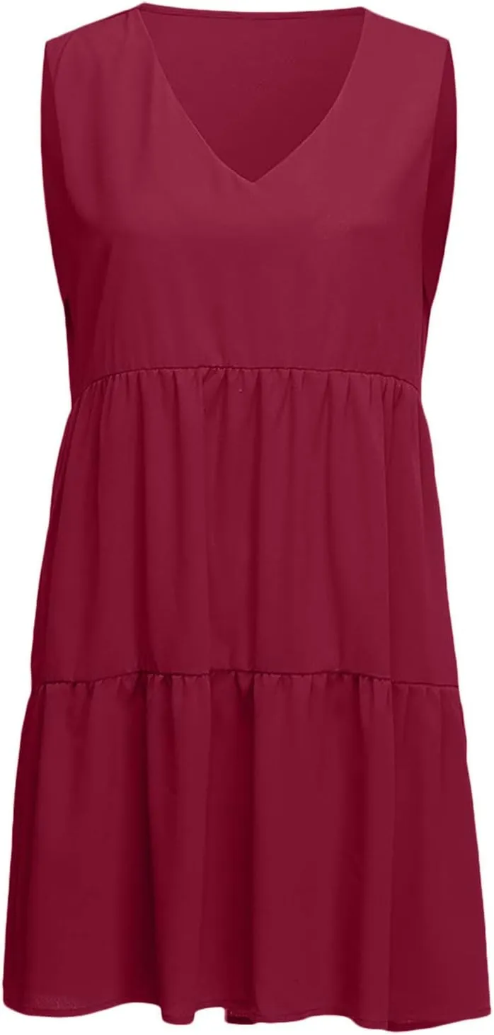 Women Summer Casual T Shirt Dresses Beach Cover Up Plain Pleated Tank Dress V Neck Sleeveless Ruffle Flowy Mini Dresses