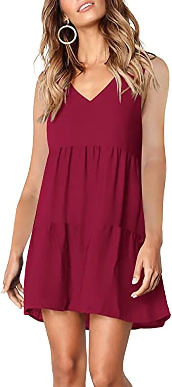 Women Summer Casual T Shirt Dresses Beach Cover Up Plain Pleated Tank Dress V Neck Sleeveless Ruffle Flowy Mini Dresses