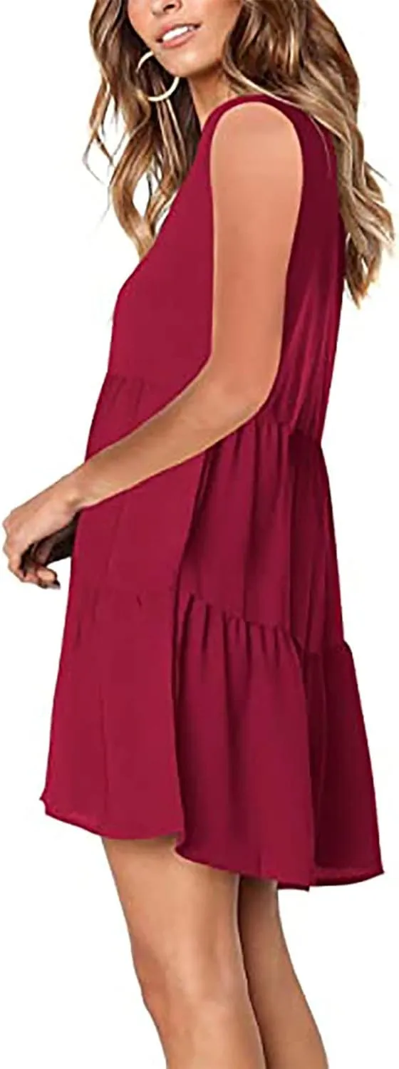 Women Summer Casual T Shirt Dresses Beach Cover Up Plain Pleated Tank Dress V Neck Sleeveless Ruffle Flowy Mini Dresses