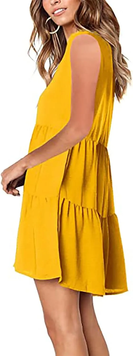 Women Summer Casual T Shirt Dresses Beach Cover Up Plain Pleated Tank Dress V Neck Sleeveless Ruffle Flowy Mini Dresses