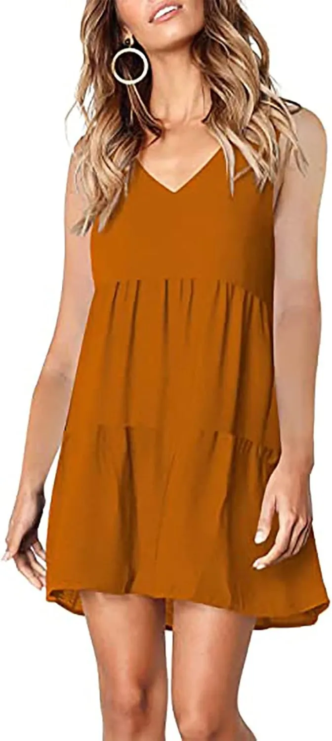 Women Summer Casual T Shirt Dresses Beach Cover Up Plain Pleated Tank Dress V Neck Sleeveless Ruffle Flowy Mini Dresses