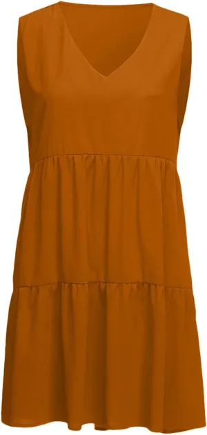 Women Summer Casual T Shirt Dresses Beach Cover Up Plain Pleated Tank Dress V Neck Sleeveless Ruffle Flowy Mini Dresses