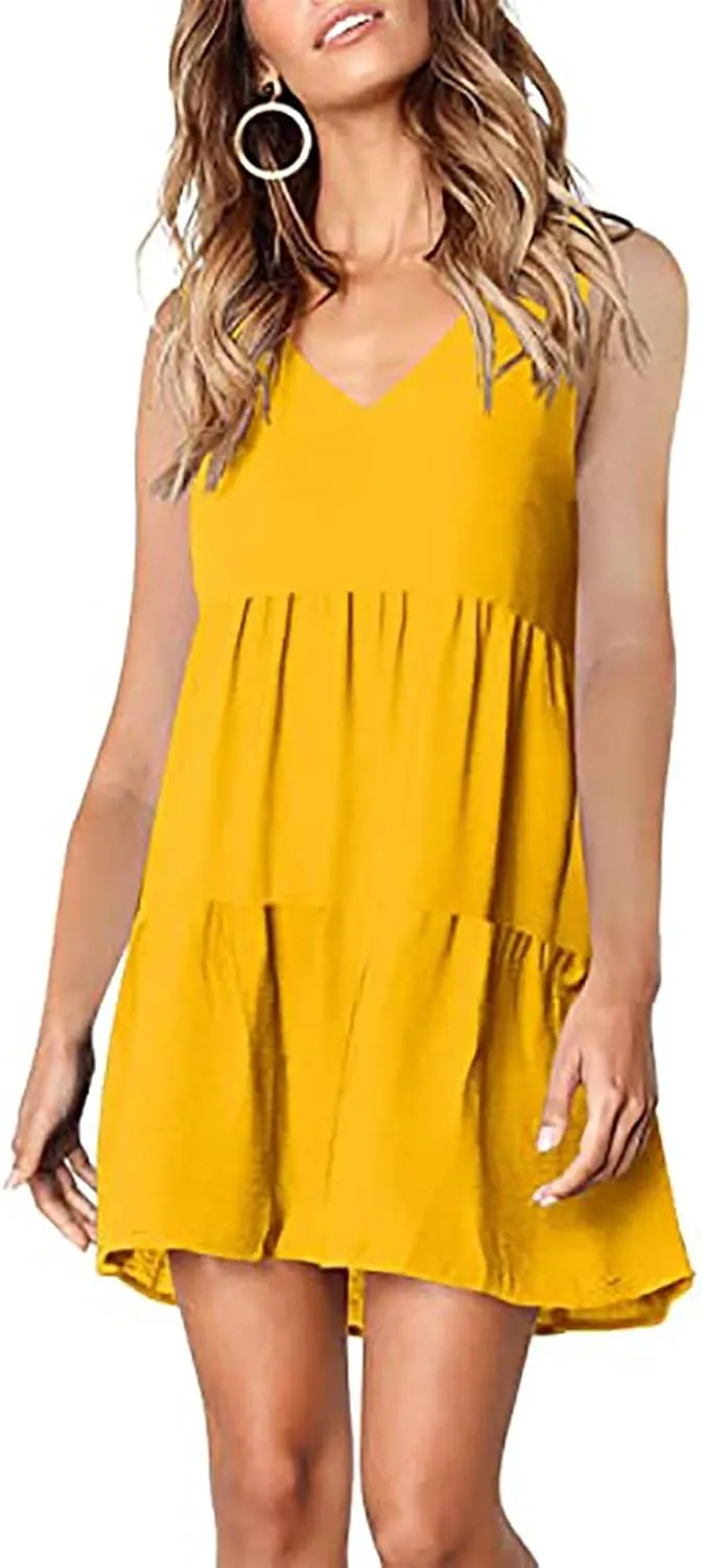 Women Summer Casual T Shirt Dresses Beach Cover Up Plain Pleated Tank Dress V Neck Sleeveless Ruffle Flowy Mini Dresses