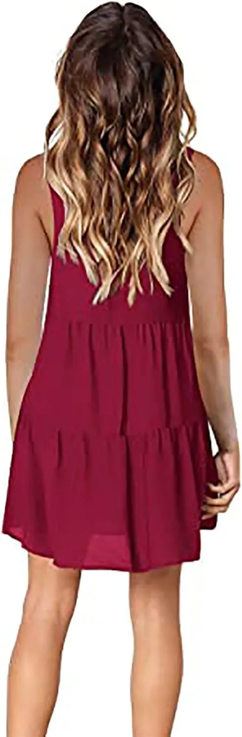 Women Summer Casual T Shirt Dresses Beach Cover Up Plain Pleated Tank Dress V Neck Sleeveless Ruffle Flowy Mini Dresses