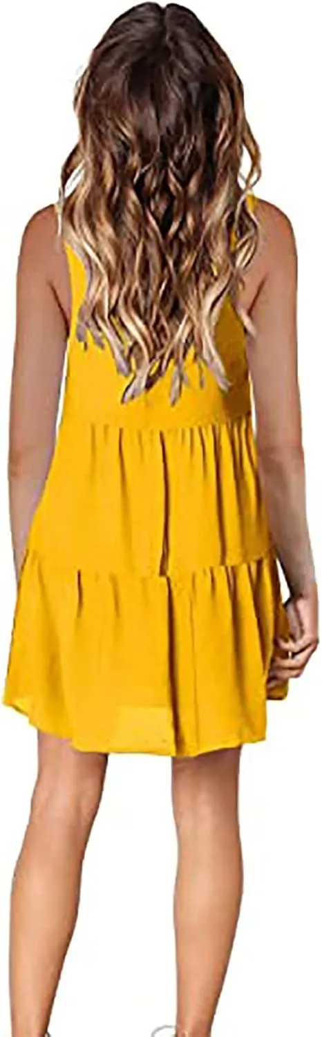 Women Summer Casual T Shirt Dresses Beach Cover Up Plain Pleated Tank Dress V Neck Sleeveless Ruffle Flowy Mini Dresses