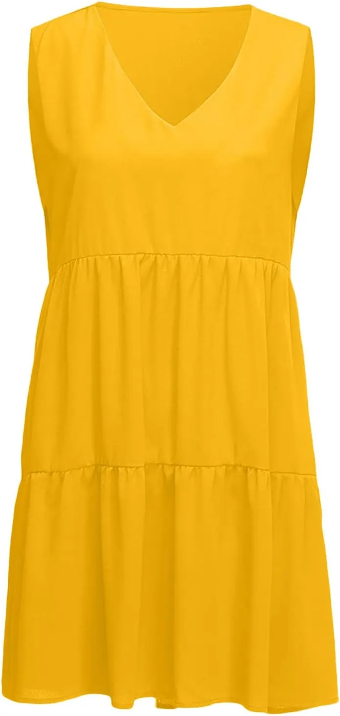 Women Summer Casual T Shirt Dresses Beach Cover Up Plain Pleated Tank Dress V Neck Sleeveless Ruffle Flowy Mini Dresses