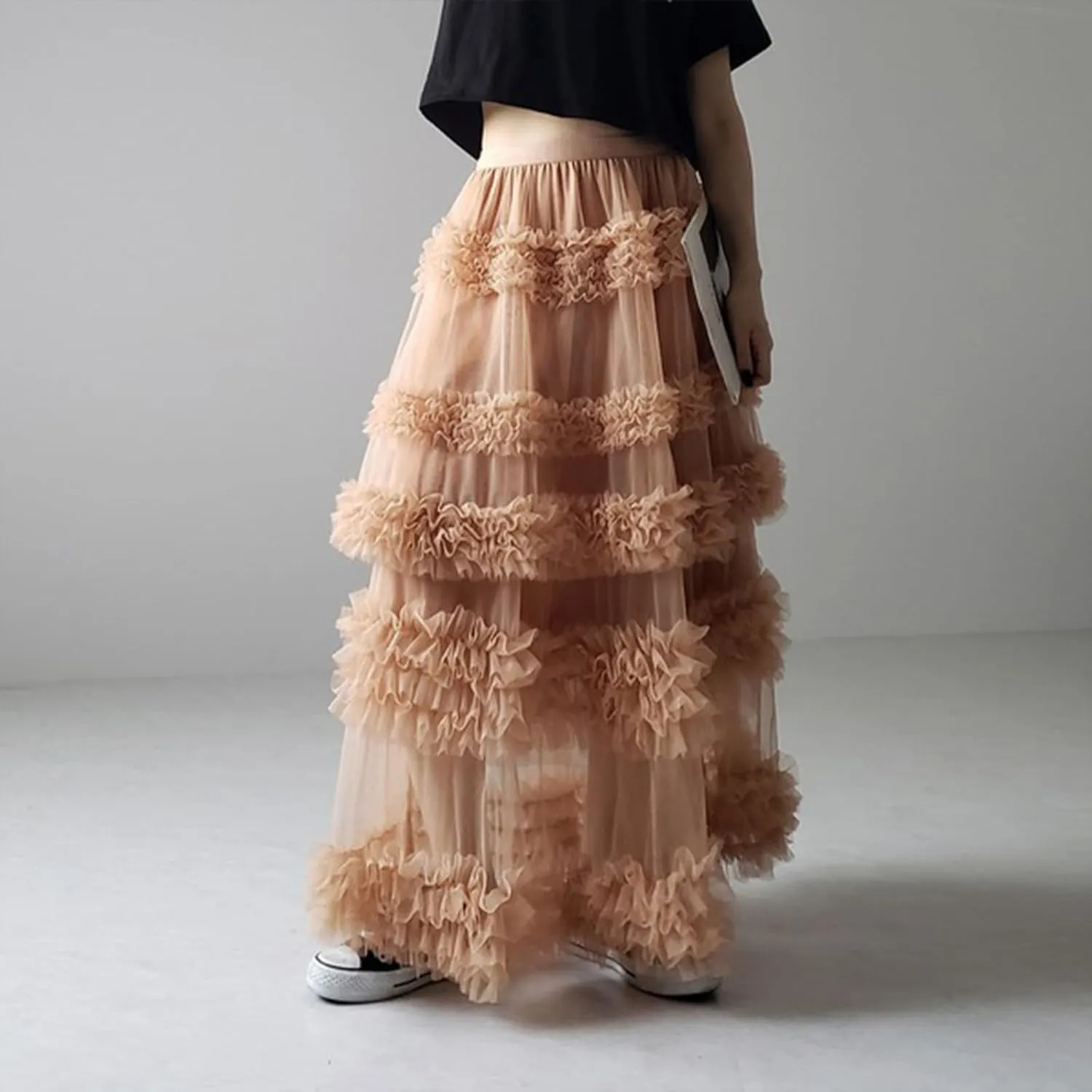 Women Tulle Long Skirt High Waist Layered Sheer Mesh Tutu Skirt Flowy Tiered A-Line Tulle Skirt for Wedding Party