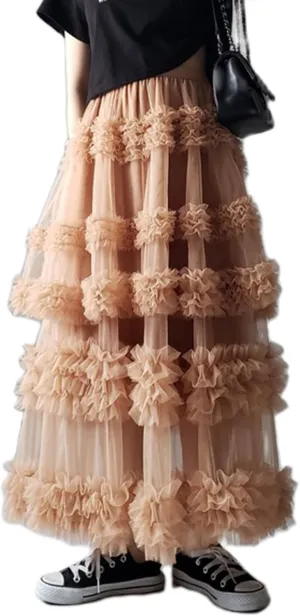 Women Tulle Long Skirt High Waist Layered Sheer Mesh Tutu Skirt Flowy Tiered A-Line Tulle Skirt for Wedding Party