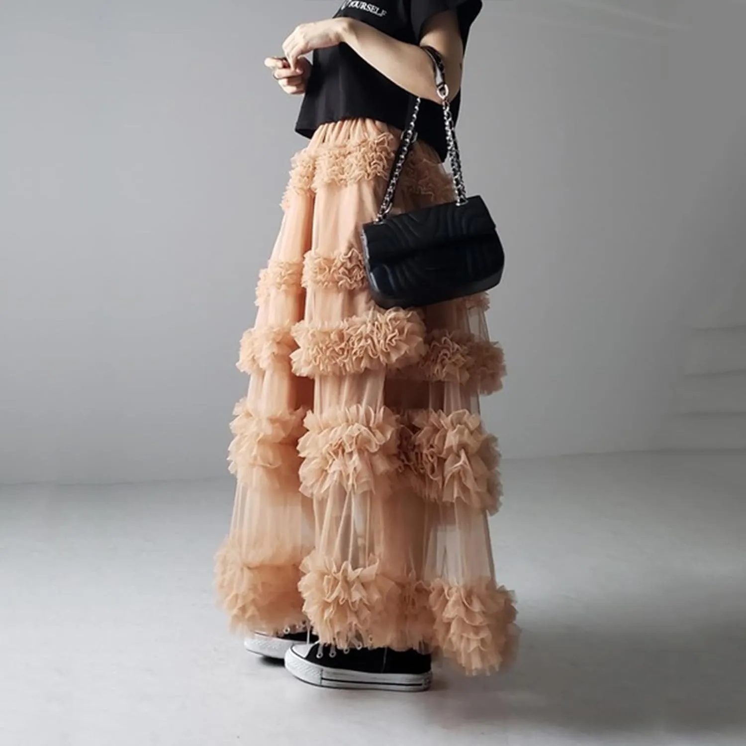 Women Tulle Long Skirt High Waist Layered Sheer Mesh Tutu Skirt Flowy Tiered A-Line Tulle Skirt for Wedding Party